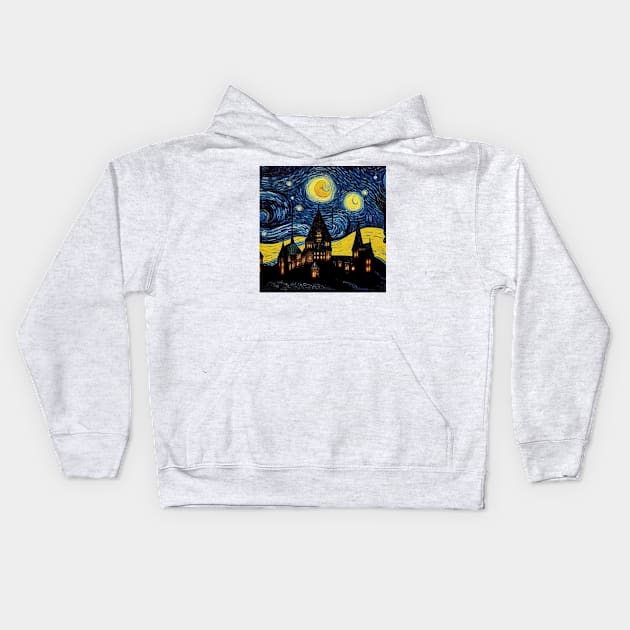 Starry Night Wizarding School Van Gogh Kids Hoodie by Grassroots Green